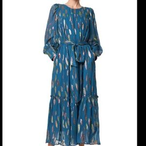 CIEBON Eryn Metallic Print Tie Waist Long Sleeve Maxi Dress, size XS